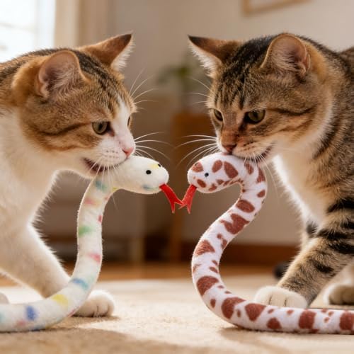 Andiker 2PCS Snake Cat Toys, 23.6 Inches Long Realistic Snake Shape Cat Plush Toys with Bite-Resistant Fabric Interactive Cats Toy for Indoor Cats to Bite Chew Keep Teeth Clean (Colourful & Brown)