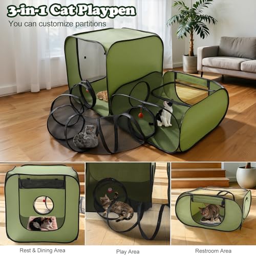 Cat Playpen, 3-in-1 Pop-up Outdoor Cat Enclosure, Green