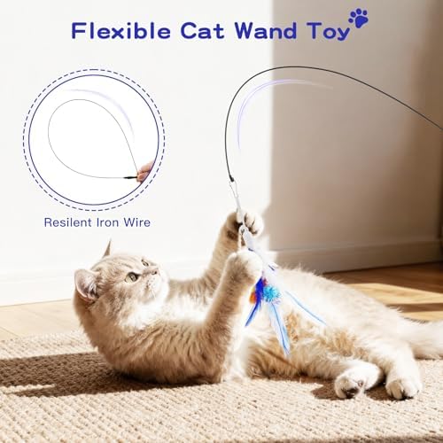 Pawaboo Cat Feather Wand Interactive Toy, 2 Feathers + 1 Wand with Bell