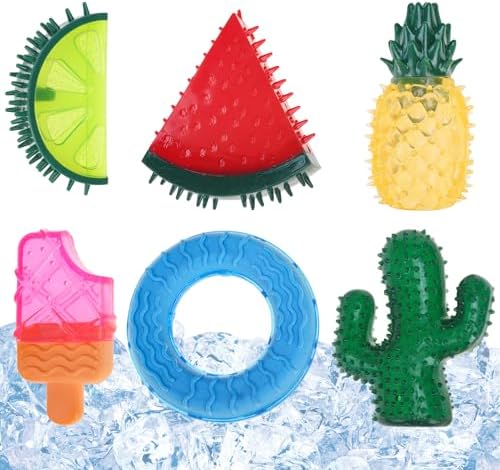 Cooling Chew Toys, 6 Pack Freezable Teething Toy Set for Puppies, Chew Toys Squeaky Fruits & Dessert Shapes Dog Toys, Frozen Dog Teethers for Small Medium Breeds,Summer Interactive Treat Tools