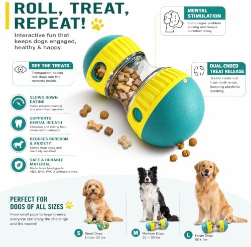 Interactive Dog Treat Dispenser Toy Ball, Adjustable Slow Feeder Rolling Ball, Puzzle Toys for Small Medium Large Dogs to Stimulate Intelligence and Relieve Boredom(Green and Yellow)