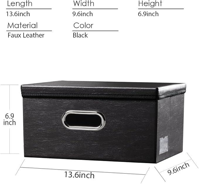 Collapsible Storage Box with Lid [1-Pack] Leather Fabric Foldable Storage Bin Organizer Container Basket Cube with Cover for Home Bedroom Closet Office Nursery Black (13.6x9.6x6.9)