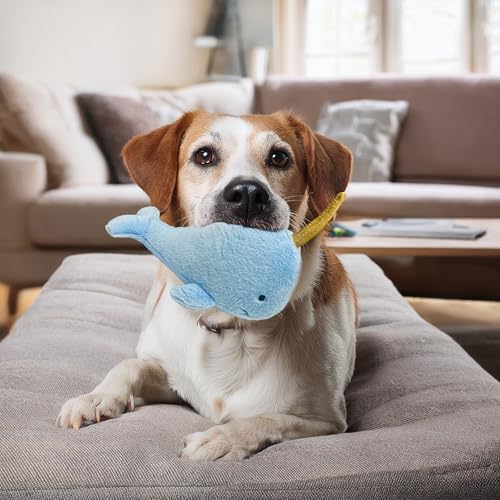 Narwhal Dog Toy w/ Squeaker | Whale Dog Toy | Squeaky Plush Narwhal | Whale Stuffed Squeaky Chew Dogs Toys | Realistic Animal Dogs Toys | Interactive Squeaky Whales | Small/Medium Breed | Blue | 8"