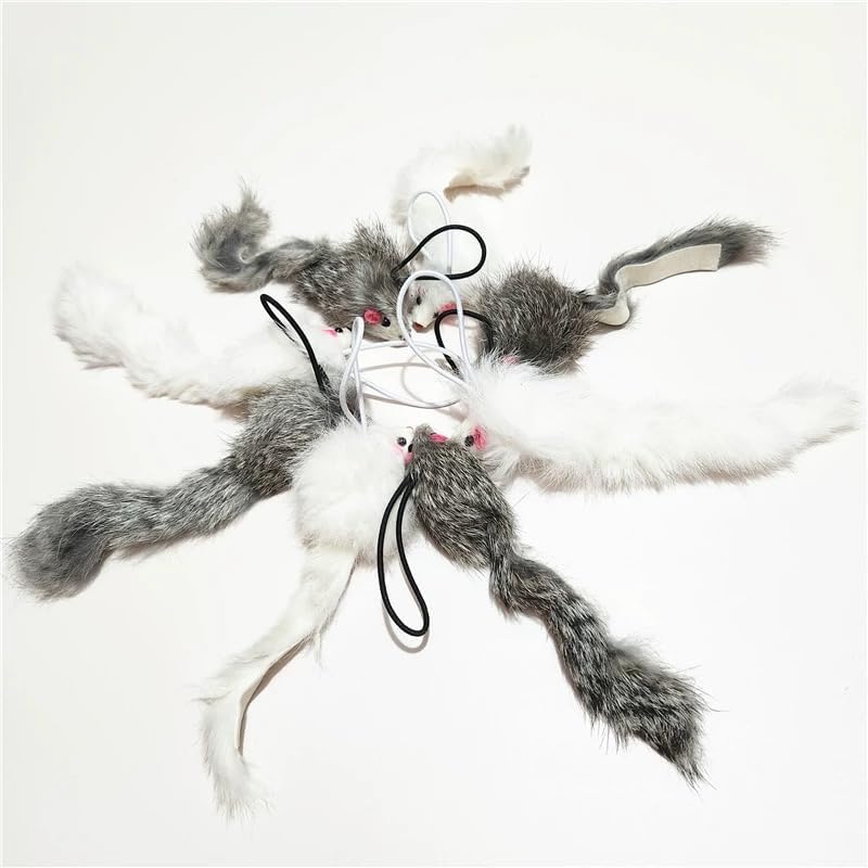 Real Rabbit Fur Mouse Cat Toy - 5 Pack with Crinkle Sound, Rattle & Rope, Extra-Wide Durable Tail, Interactive Hunting Toys for Indoor Cats (No Catnip)