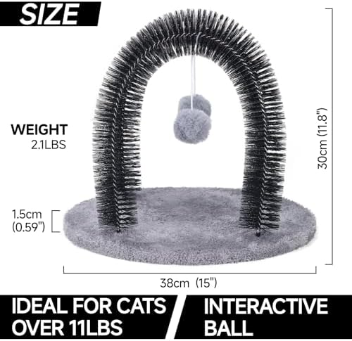 Cat Arch Self Groomer Massager, Kitty Grooming Brush with 2 Brushes and Heavy Plush Base, Cat Face and Back Scratchers, Rubbing Post for Indoor and Outdoor Cats with 2 Plush Balls