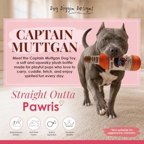 Dog Diggin Designs Captain Muttgan Plush Dog Toy | Luxury-Inspired Parody Captain’s Rum Dog Toy with Squeaker, Soft Plush Novelty Dog Toy – Shaken, Not Stirred!