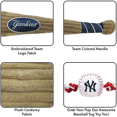 MLB New York Yankees Baseball Bat Toy for DOGS & CATS. Soft Corduroy Plush Dog Toy with Inner SQUEAKER, MLB Chew Toys for Dogs or Cats. Durable Fun Interactive Dog Toy with Team Names and Logo
