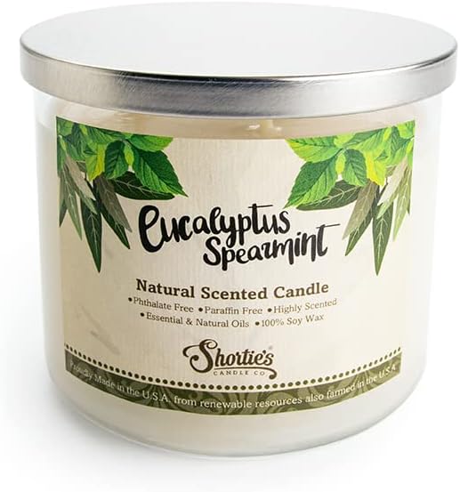 Eucalyptus Spearmint Scented Natural 3 Wick Candle, Essential Fragrance Oils, 100% Soy, Phthalate & Paraben Free, Clean Burning, 14.5 Oz.