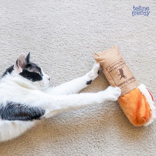 P.L.A.Y. Cute Cat Toys - Feline Frenzy Interactive Kicker Toy, Sandwich Food Themed Catnip Filled Toy, Great for Adult Cats and Kittens - Double Stitched, Recycled Materials, Crinkles (Tuna Baguette)
