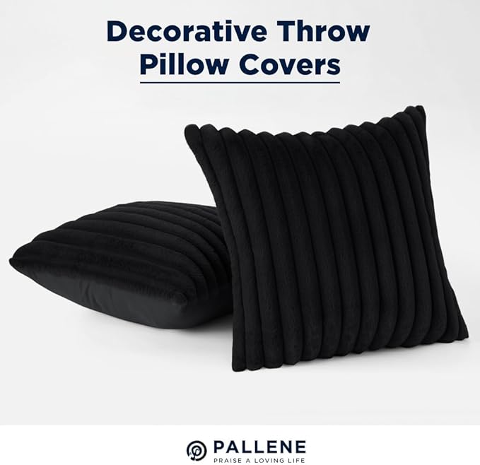 Pallene Faux Fur Decorative Throw Pillow Covers 26x26 Set of 2, Black | Luxury Plush Texture, Striped Design, Cozy Soft Touch, Modern Home Accent Decor for Couch, Sofa, Bed, Living Room