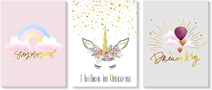 Chadow Artwork 3 Piece Girls Unicorn Canvas Wall Art Pastel Rainbow Hot Air Balloon Inspirational Nursery Decor Prints for Baby Girl Bedroom Playroom Nursery Bathroom Decor 12"x16"(30x40cm)