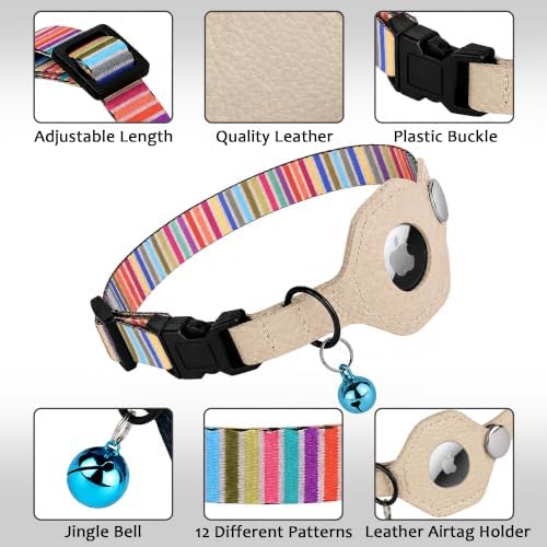 Breakaway Cat Collar with Leather AirTag Holder & Bell - Apple Air Tag Cat Collars for Girls & Boys, Lightweight Anti-Lost GPS Tracker Design, Printed Pattern - Safety and Adjustable (Serape)