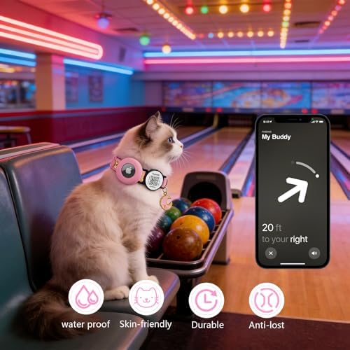 Stars and Moon AirTag Collar with AirTag Holder & Bell,Air Tag Cat Collar for Apple. Solid & Safe, Pet Collar, Breakaway Cat Collar,Smart QR Code Cat ID Tags - Pet Online Profile(Pink)