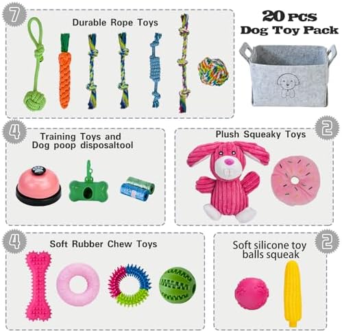 MRSOHRET 20Pcs Puppy Chew Toys for Teething, Dog Chew Rope Toys, Pet Dog Toothbrush, Treat Balls, Plush Squeaky Toy for Small Medium Dogs with Basket