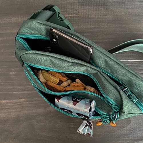 Wilderdog Utility Fanny Pack stores Treats, Balls, Keys in 3 Pockets with adjustable strap and Poop Bag dispenser (Evergreen)