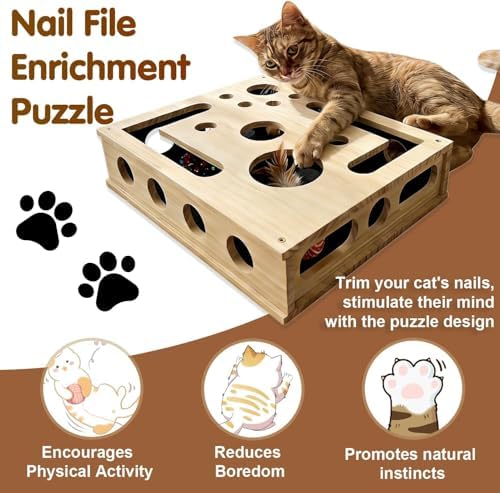 Cat Scratch Puzzle Enrichment Box, Interactive Cat Toy for 3 Balls, Integrated Cat Nail File Scratcher - Stress Free Alternative to Clippers & Grinders for Indoor Cats