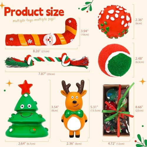 BAEJMJK 6Pcs Christmas Small Dog Toys Set-Xmas Holiday Squeaky Dog Toy Ball and Rope Dogs Toy Set -Funny Interactive Puppy Chew Toys with Christmas Tree Santa Claus and Reindeer Designs