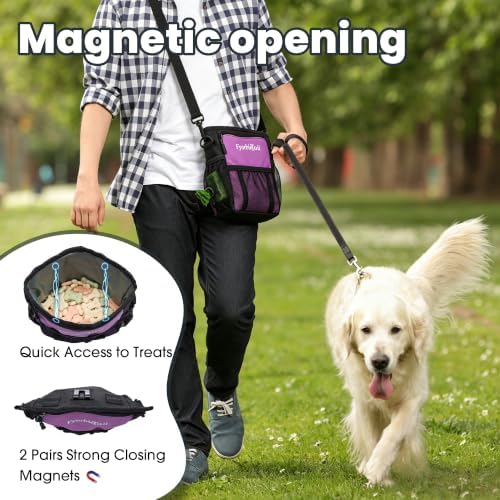 Dog Treat Pouch, 4 Cup Training Bag, Magnetic Closure, 3 Way Wear, Purple | 600D waterproof Oxford fabric, multi pocket storage, zipper and mesh pockets, pull out poop bag dispenser, includes 2 rolls