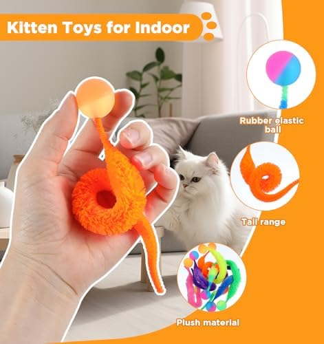 7pcs Bouncy Balls for Cats, Colorful Magic Worm with Ball, Interactive Cat Bouncy Ball, Twisty Fuzzy Worms for Cats Party Favors, Rainbow Colors