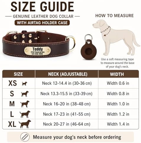 Personalized Genuine Leather Dog Collar with Name & Phone Number-Brown L