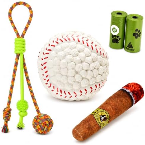 Dog Toys for Small Dogs, 5 Pack Puppy Toys with Squeaky Baseball Toy, Plush Cigar Toy, Rope Tug Toy & Poop Bag Rolls, Interactive Puppy Chew Toys for Teething Puppies, Small Breed Dogs(White)