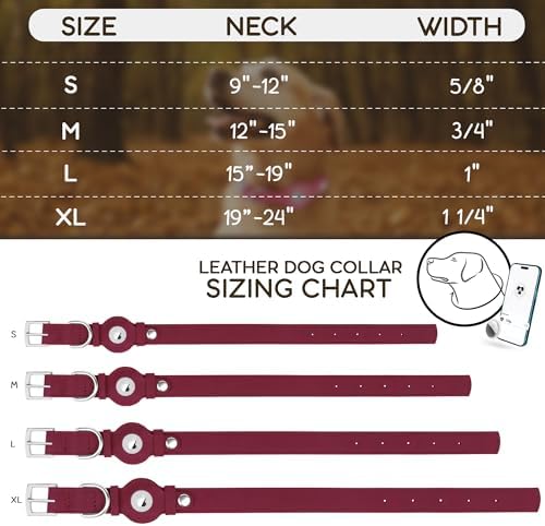 Leather Dog Collar with Airtag Holder - Apple Air Tag Dog Collars - Soft Tracking GPS Pet Collar for Small Medium Large Dogs Breed Puppy (Burgundy, S, 9"-12" Neck Fit)