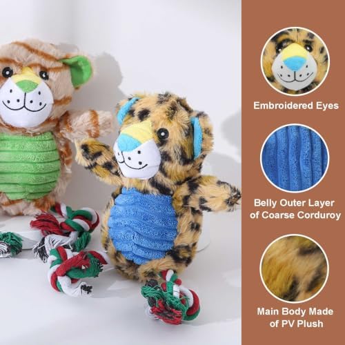 Leopard Plush Dog Toy with Rope and Squeaker for Small Medium Dogs