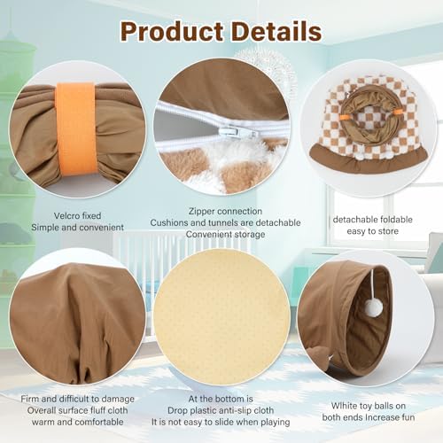 BWOGUE Bunny Tunnel Bed, Collapsible Rabbit Tunnel Hideout with Mat, Coffee