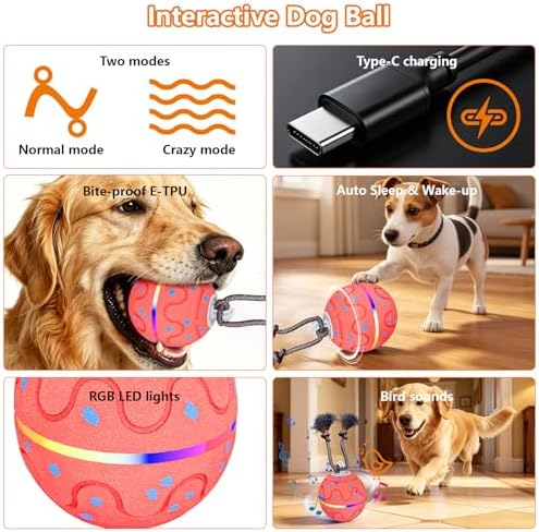 Interactive Dog Ball Toy with 2 Rope, Automatic Rolling & Bouncing Smart Dog Toy with Bird Chirping Sound and LED Light, Soft ETPU Chew-Safe Material, USB Rechargeable, for Medium & Large Dogs