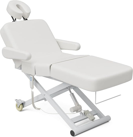 Paddie 3 Motor Fully Electric Massage Table Professional with Face Cradle, Customized Angle Folding, 550lbs Height Adjustable with Rolling Wheels, White