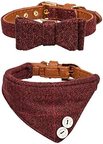 Small Dog Collar Set, 2Pcs Puppy Cat Collar with Bow Tie & Bandana, Durable PU Leather Canvas Tiny Pet Scarf for Small Breed Pets red Classic