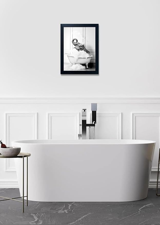 Framed Bathroom Art Wall Decor Elephant in Bathtub Decor Funny Black and White Animal Canvas Print Paintings for Bathroom