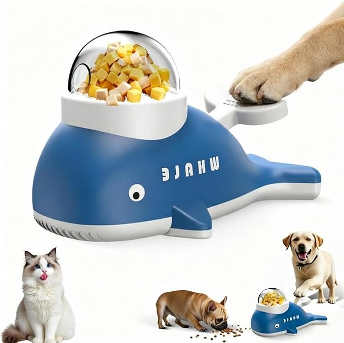 Interactive Dog Treat Dispenser Toy, Whale Shape Puzzle Feeder with Press Button and Rotating Design, White and Blue, Slow Feeding Game for Dogs and Cats