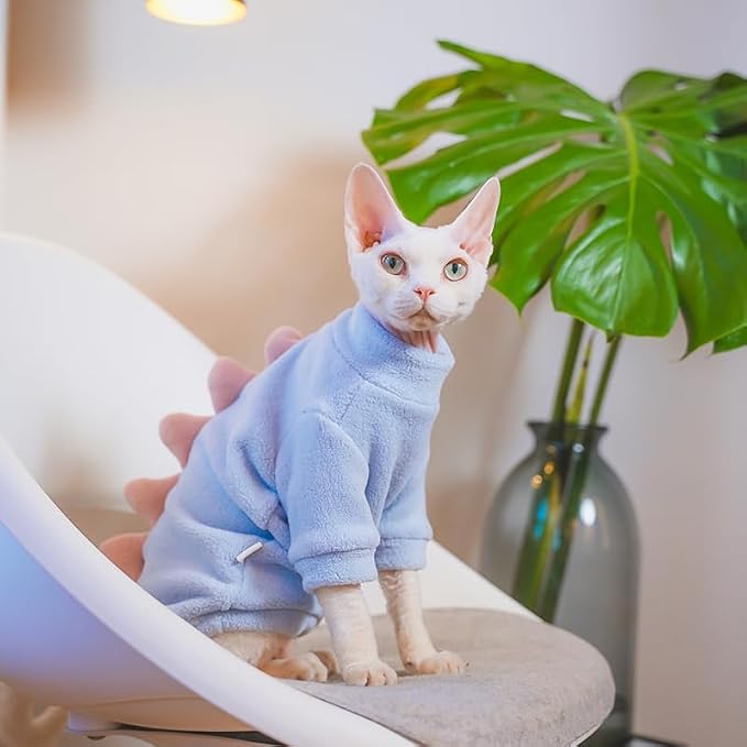 Sky Blue Dinosaur Sphynx Cat Clothes Sweater Hairless Cat Apparel | Soft, Elastic, Warm Polar Fleece,Winter Warm Outfit, Cute Dinosaur