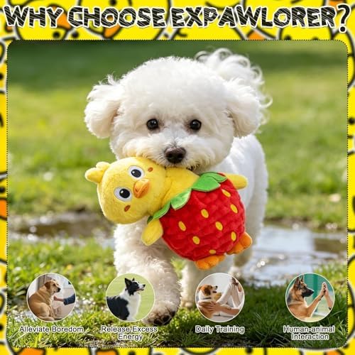 EXPAWLORER Interactive Squeaky Dog Chew Toy, 2-in-1 Detachable Strawberry & Duck Dog Toys, Stuffed Soft Plush Crinkle Fetch Toy with Squeakers in Head & Body for Puppy Small Medium Dogs, Yellow & Red