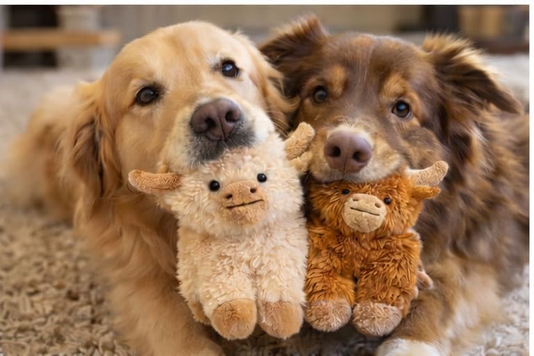 Vaulted Skulls & Co Cow Dog Toy Bundle 6" Small | Squeaky Highland Cow Toys | Stuffed Squeaky Chew Dog Cow Toy | Small/Medium Breed | Brown/Tan | 2-Pack