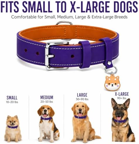 Genuine Leather Dog Collar, Soft Padded Leather Dog Collars with Airtag Holder Case for Small Medium Large X-Large Dogs,Comfort Heavy Duty Pet Collar with Durable Metal Buckle & D-Ring-Dark Purple/M
