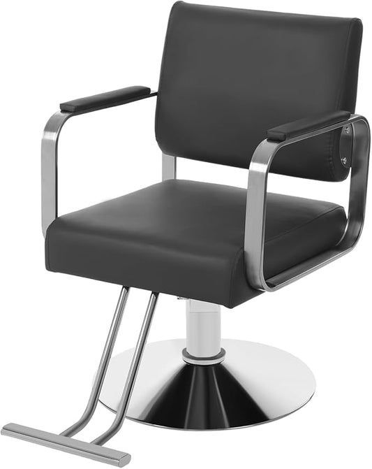 Salon Chair for Hair Stylist, Hydraulic Barber Chair with 360° Swivel, Height Adjustable Styling Chair for Barbershop, Beauty Salon, Tattoo & Spa Equipment, Black and Silver