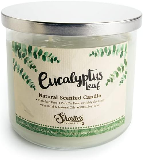 Eucalyptus Leaf Scented Natural 3 Wick Candle, Essential Fragrance Oils, 100% Soy, Phthalate & Paraben Free, Clean Burning, 14.5 Oz.