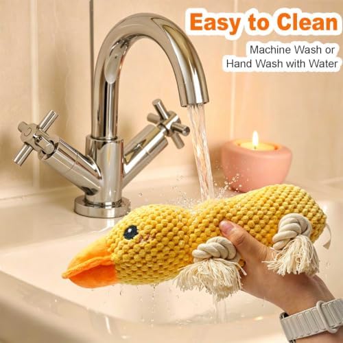 Yellow Duck Plush Chew Dog Toy, 11.2 in, Squeaker and Rope