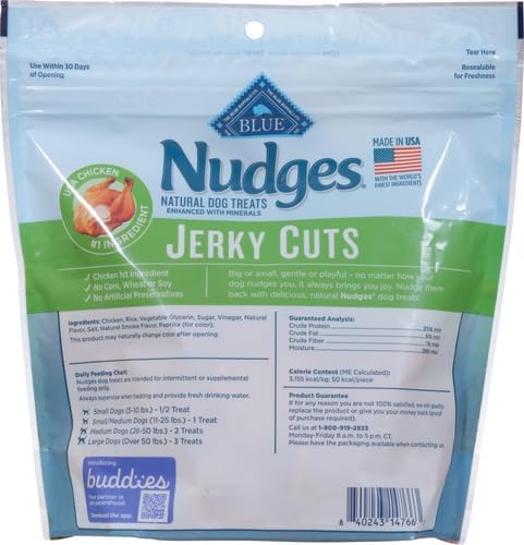 Blue Buffalo Nudges Jerky Bites Dog Treats, Made in the USA with Natural Ingredients, Bite-Sized Pieces, Chicken, 16-oz Bag, (Pack of 4)