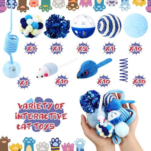 Gemscream 46 Pcs Cat Toys Set Interactive Cute Cat Indoor Toys, Blue
