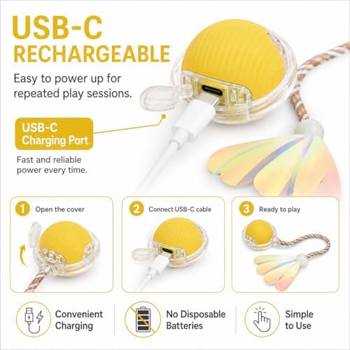 Interactive Cat Toy Ball with LED Lights – USB-C Rechargeable Automatic Cat Toy with Feather Tail for Indoor Cats & Kittens, Upgraded Version