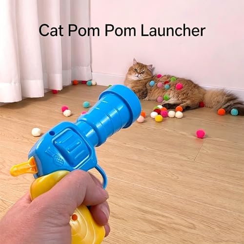 Interactive Cat Ball Launcher Toy with 50 Soft Pom Pom Balls, 3 cm Colorful Plush Ball Cat Toys, Low-Noise Indoor Chase Toy Set for Cats, Kittens, Exercise, Training and Play