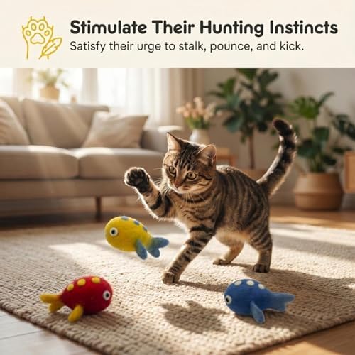 Glaciart One Felt Cat Fish Toy – 3 Pcs | Soft Fuzzy Enrichment 100% Natural Wool Toy - Interactive Play Catnip Cat Toys Set - Safe for Pets, Non-AZO Colored Dyes
