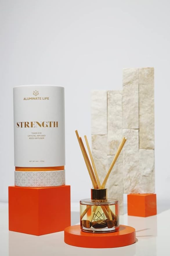 Crystal Infused Reed Diffuser, 4 OZ, Strength - Tiger Eye Crystal Infused - Scents of Cedarwood, Amber, & Sage - Home Decor, House Warming, Room, Stick Perfume, Shelf or Coffee Table