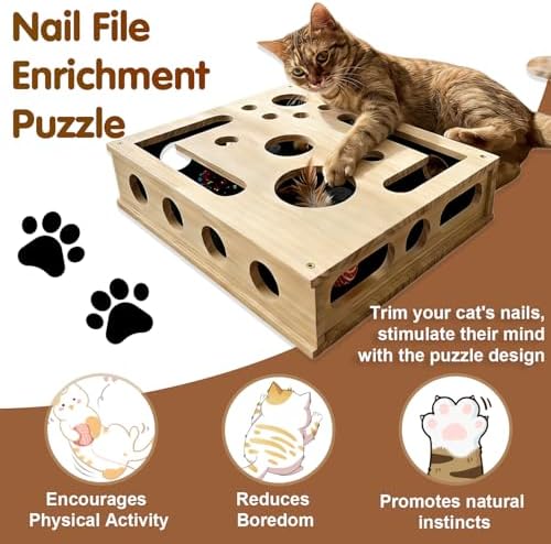 Cat Nail File Scratcher, Cat Scratch Puzzle Enrichment Box with Sandpaper Inside for Cat Claw Care, Stress-Free Trimming Nails, Puzzle Feeder Cat Toys Interactive for Indoor Cats (with Bell Balls)