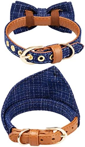 Small Dog Collar Set, 2Pcs Puppy Cat Collar with Bow Tie & Bandana, Durable PU Leather Canvas Tiny Pet Scarf for Small Breed Pets Blue Classic