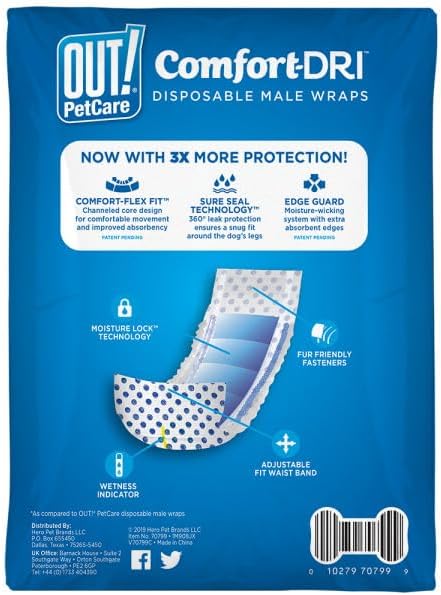 OUT! PetCare Male Dog Diapers, Disposable Belly Bands, M/L, 32 Count | Dog Belly Bands, Potty Training, Incontinence Support, Leak Proof, Disposable Wraps, Male Wrap, Puppy Essentials, Dog Wrap