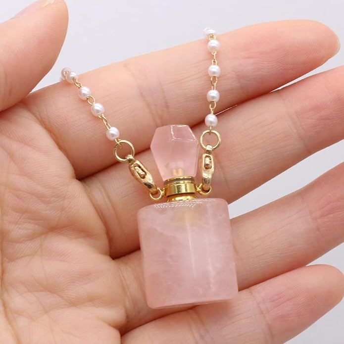 1pcs Natural Rose Quartz Stone Perfume Bottle Pendant Pearl Bead Chain Rectangle Heart Necklace for Women Jewelry Free Accessory Glasses
